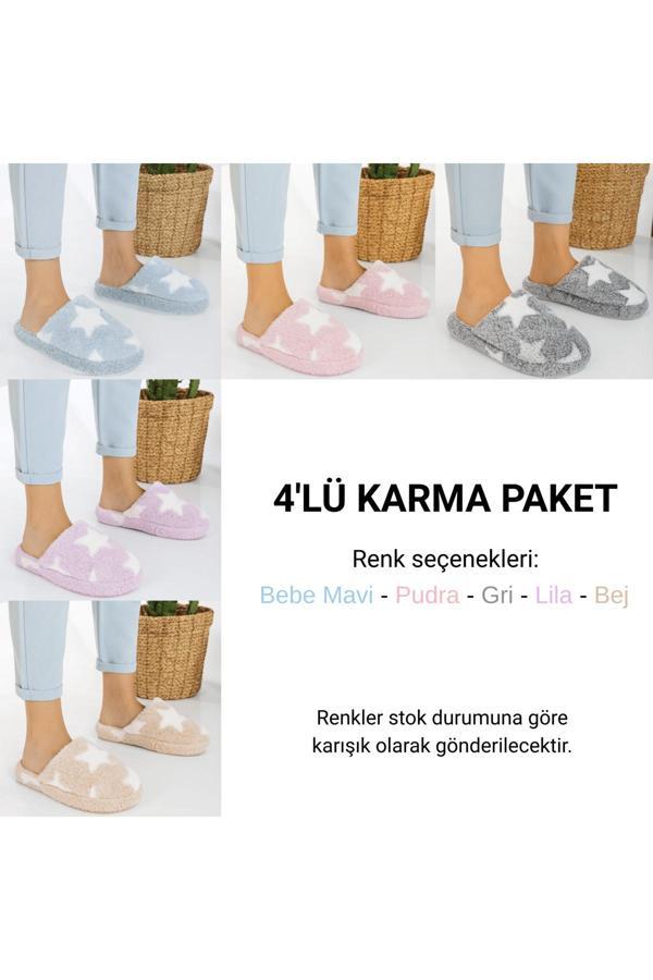 Waykon Yıldız Desen Peluş Ev Terliği - 4'Lü Paket - Image 1