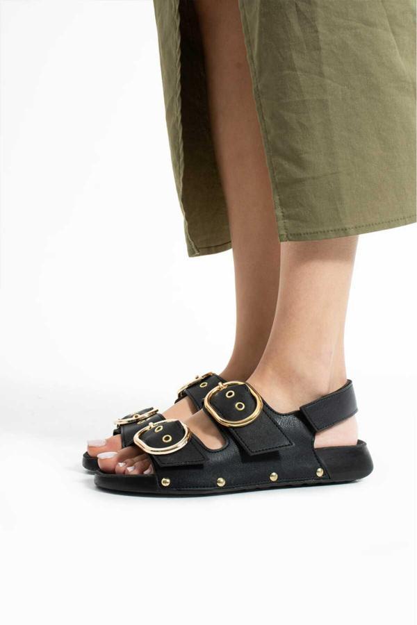 Moda Amour Moda Mia Siyah Spor Altın Tokalı Kadın Sandalet - Image 1