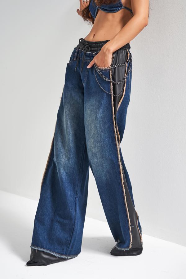 Kadın Kot Rengi Palazzo Fit Deri Denim Karışımlı Özel Tasarım Denim Jean - Image 1