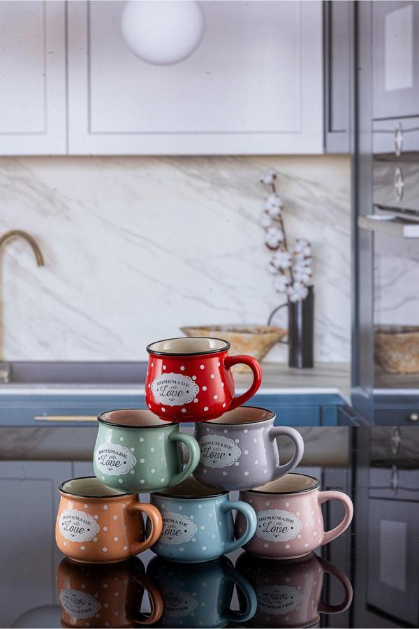 Mutfaksultani 6 Renk 6 ADET Emaye Görünümlü Homemade Love Porselen Tombul Çay Fincanı - Image 1