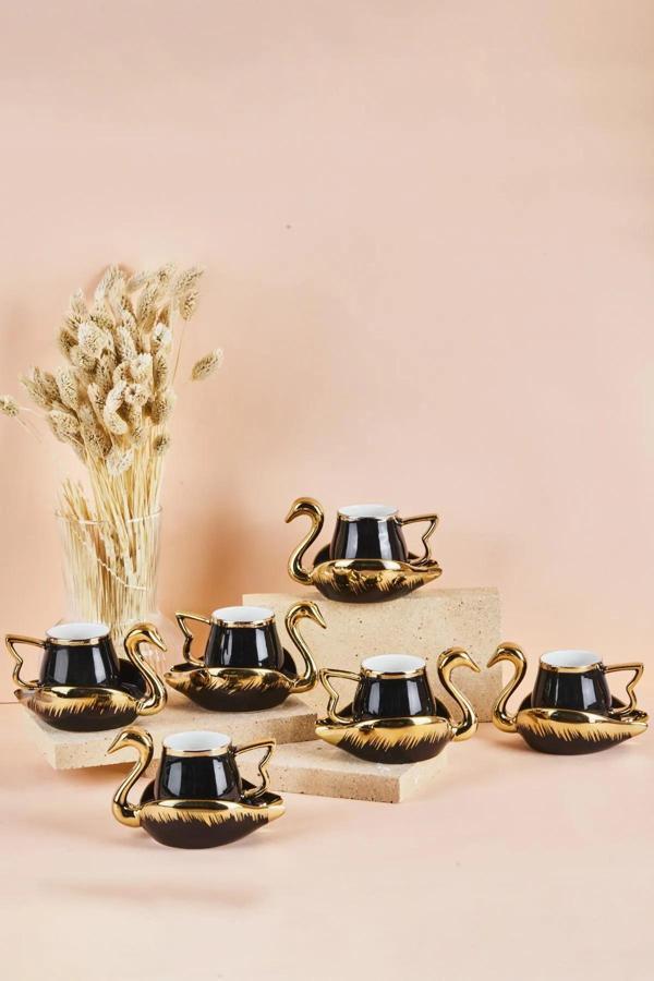 Mutfaksultani Swan Kuğu 6 Kişilik Porselen Kahve Fincan Takımı 80 Ml Siyah - Image 1