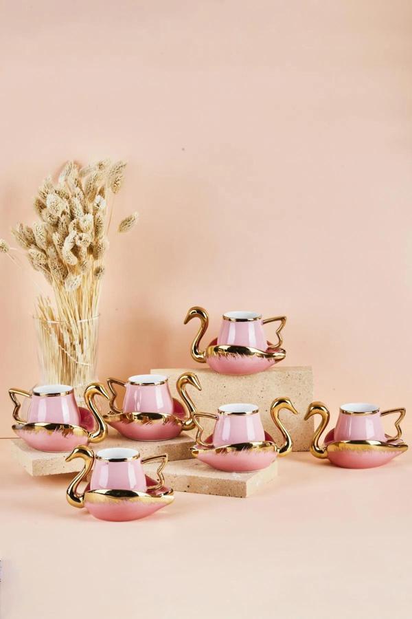 Mutfaksultani Swan Kuğu 6 Kişilik Porselen Kahve Fincan Takımı 80 Ml Pembe - Image 1