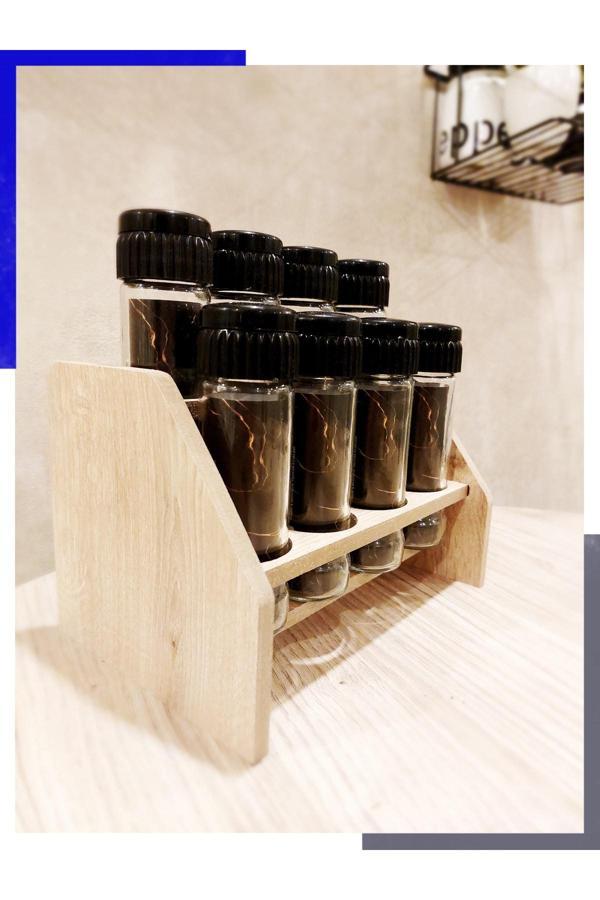 Ome Lıfe 8 Li Baharat Takımı Ahşap Stantlı Tuzluk Biberlik Seti Baharatlık Siyah Düz Kapak - Image 1