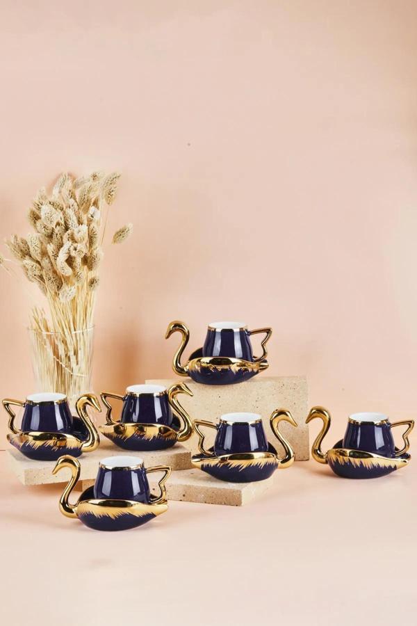 Mutfaksultani Swan Kuğu 6 Kişilik Porselen Kahve Fincan Takımı 80 Ml Lacivert - Image 1