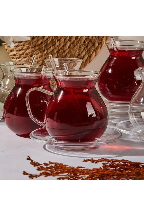 Hinezahome Keyf-İ Ala 18 Parça Cam Tabaklı, Kaşıklı 200 Ml Borosilikat Çay Seti - Image 1