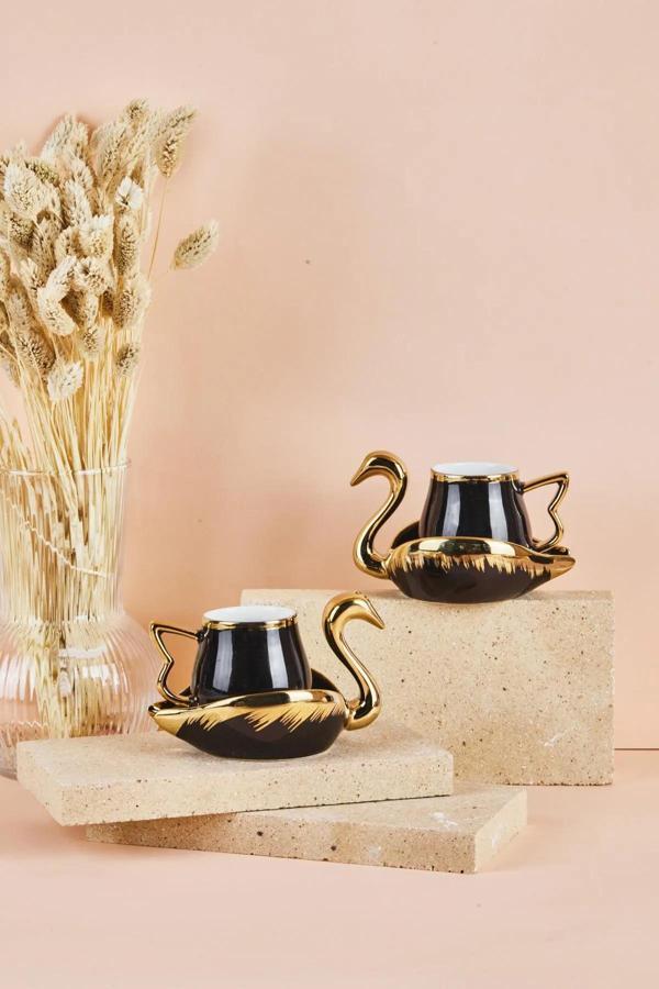 Mutfaksultani Swan Kuğu 2 Kişilik Porselen Kahve Fincan Takımı 80 Ml Siyah - Image 1