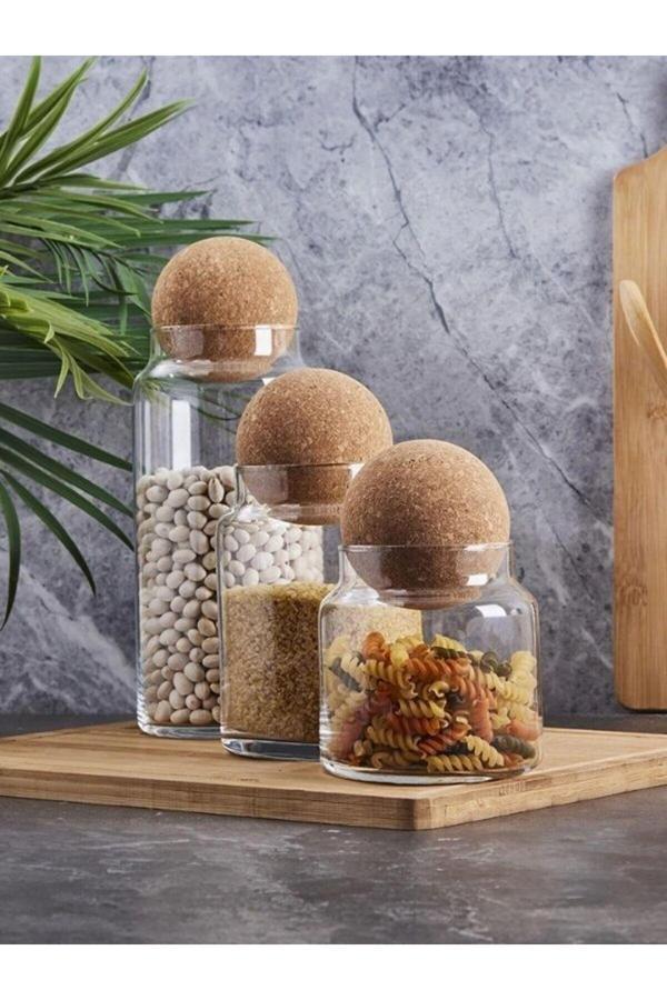 Mutfaksultani Sughero 3'Lü Top Mantar Kapaklı Cam Kavanoz Ve Bahatalık Seti - Image 1