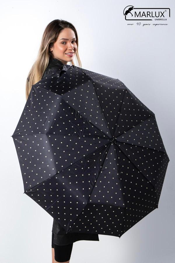 Marlux Siyah Krem Benekli Ahşap Saplı Tam Otomatik Premium Lüks Kadın Şemsiye M21MAR1002LR009 - Image 1