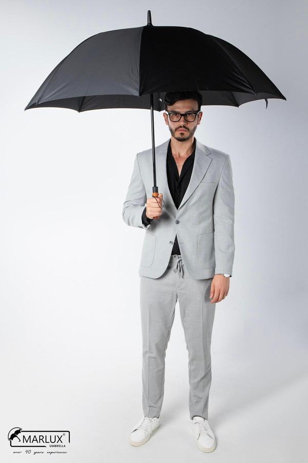 Marlux Ahşap Saplı 8 Fiber Telli Rüzgara Dayanıklı Büyük Prokol Otomatik Şemsiye Siyah MPR1026 - Image 1