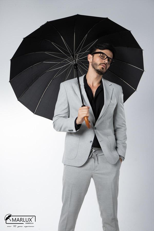 Marlux Siyah Ahşap Saplı 16 Çelik Telli Ultra Premium Lüks Erkek Baston Şemsiye M21MARMPR1025R001 - Image 1