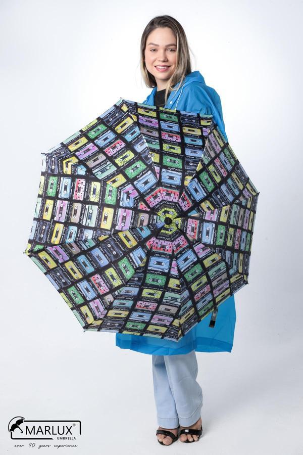 Marlux Nostalji Kaset Desenli 8 Telli Manuel Rüzgara Dayanıklı Şemsiye M21MAR606R01 - Image 1