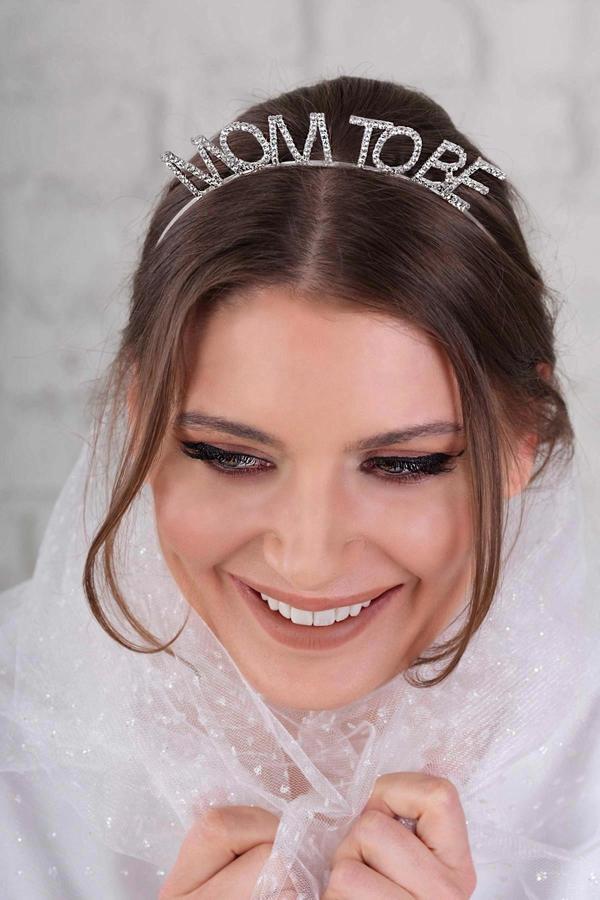 Parti Gümüş Renk Metal Taşlı Mom To Be Taç Baby Shower Anne Tacı - Image 1