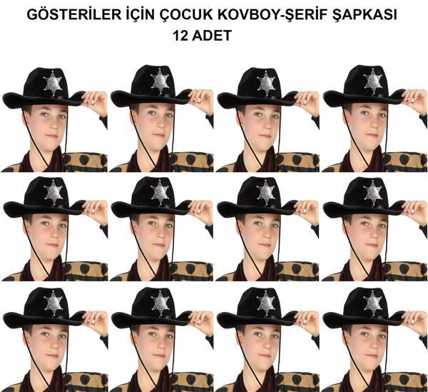 Kovboy Şerif Şapkası Siyah 12 Adet - Kostüm, Parti ve Gösteri Şapkası - Image 1