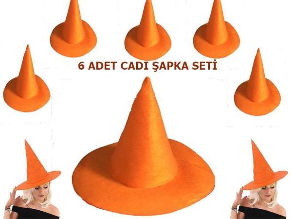 Parti Aksesuar Turuncu Renk Keçe Cadı Şapkası Yetişkin Çocuk Uyumlu 6 Adet - Image 1