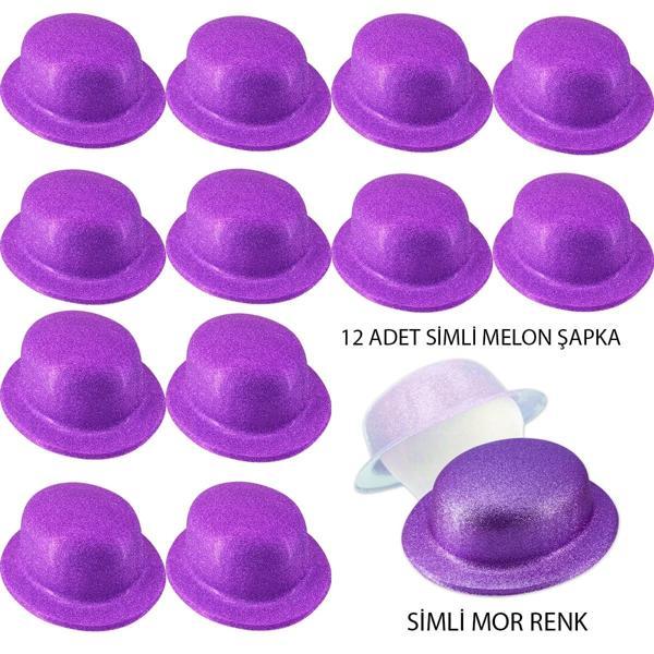 Mor Renk Simli Melon Yuvarlak Parti Şapkası 12 Adet - Image 1