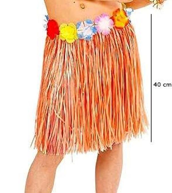 Yetişkin ve Çocuk Uyumlu Turuncu Renk Püsküllü Hawaii Luau Hula Etek 40 cm - Image 1