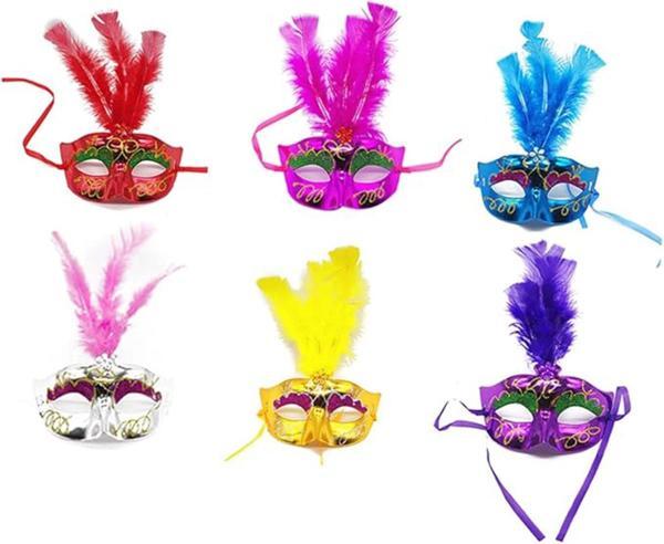 Renkli Tüylü Venedik Parti Maskesi Karışık Renk 12 Adet - Image 1
