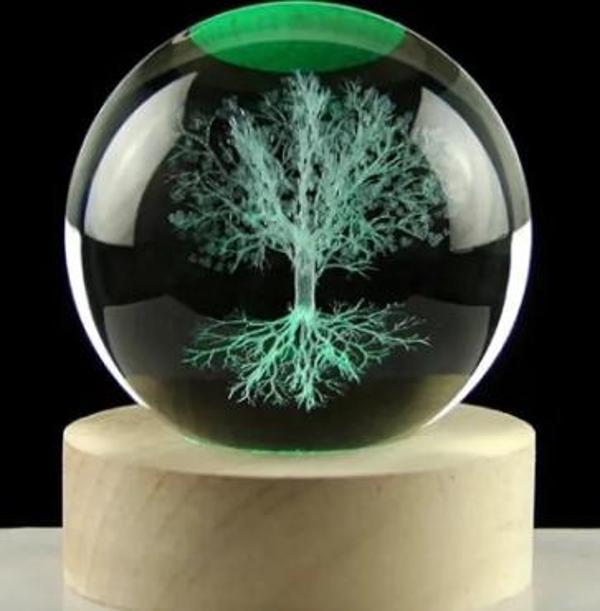 Dekoratif AĞAÇ Tasarımlı Ahşap altlıklı Işıklı Cam Küre 6cm - Image 1