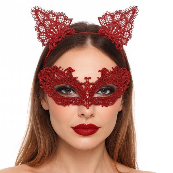 Şık Kırmızı Dantel Maske ve Taç Seti 5 No - Image 1