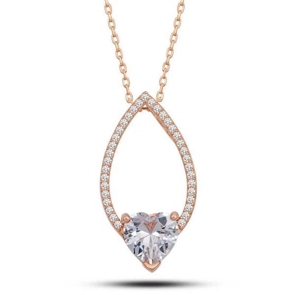 Gümüş Rose Kalp Beyaz Taşlı Damla Kadın Kolye - Image 1