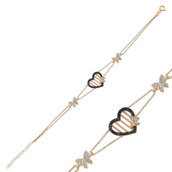 925 Ayar Gümüş Rose Kalpli Kelebek Bileklik - Image 1