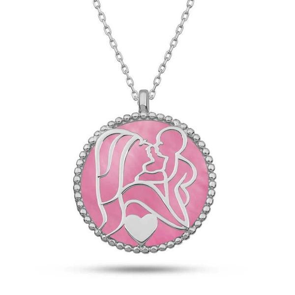 Gümüş Pembe Sedef Taşlı Anne Çocuk Sevgisi Kolye - Image 1