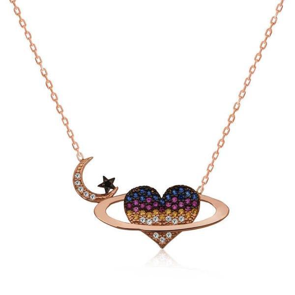 925 Ayar Gümüş Kalpli Gezegen Kadın Gümüş Kolye - Image 1