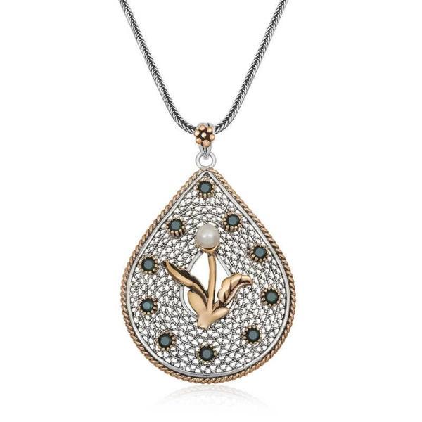 925 Ayar Gümüş İnci Çiçek Otantik Bayan Gümüş Kolye - Image 1