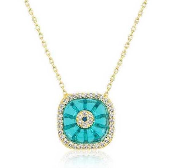 Gümüş Gold Kare Camgöz Nazar Bayan Kolye - Image 1