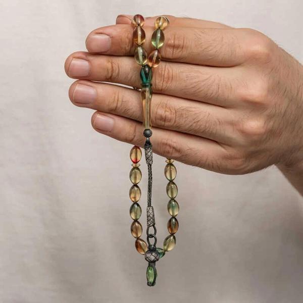 Gümüş 1000 Ayar Kazaz Püsküllü Sıkma Kehribar Tesbih - Image 1