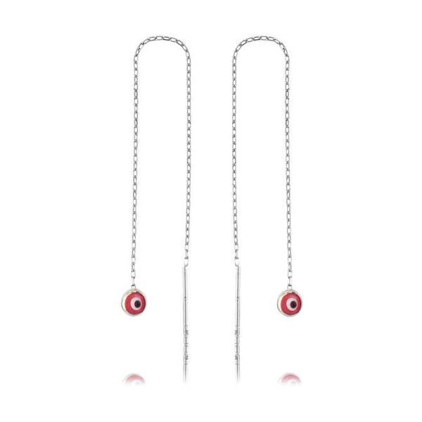 925 Ayar Gümüş Zincirli Pembe Nazar Küpe - Image 1