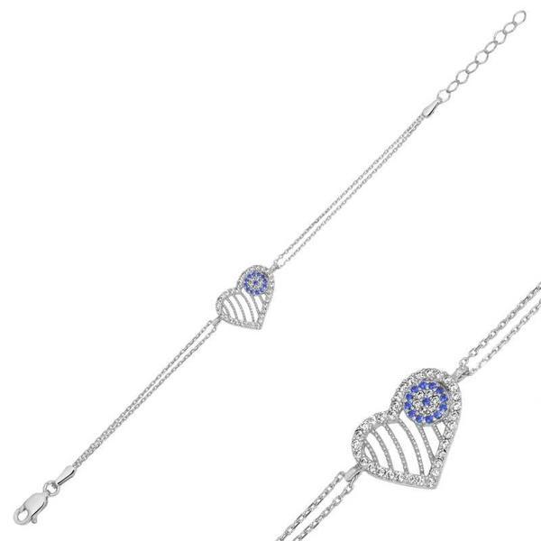 925 Ayar Gümüş Nazarlı Kalp Kadın Bileklik - Image 1