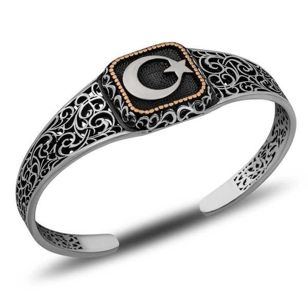 Gümüş Ay Yıldız Ayarlanabilir Kelepçe Erkek Bileklik - Image 1