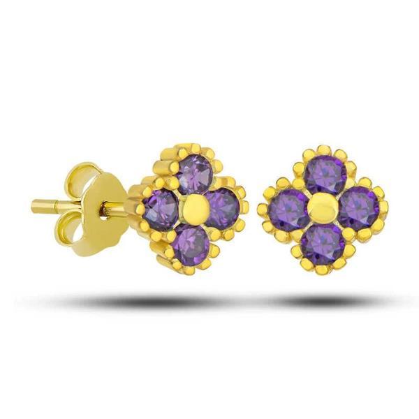 Gümüş Gold Yonca Çivili Mor Taşlı Çocuk Küpe - Image 1