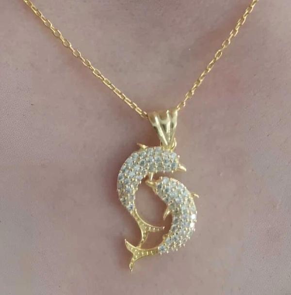 Gümüş Gold Çift Yunus Balığı Kadın Kolye - Image 1