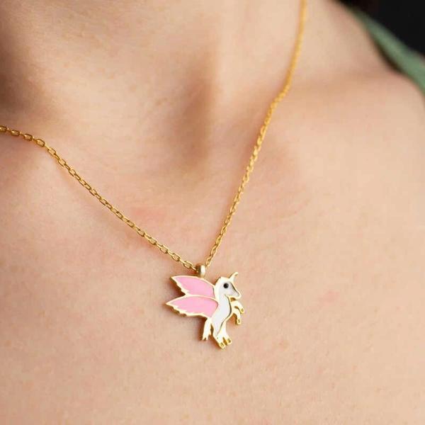 925 Ayar ​Gümüş Gold Kanatlı At Kadın Kolye - Image 1