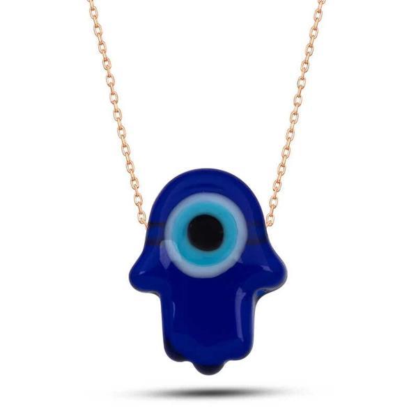 925 Ayar Gümüş Rose Mavi Nazarlı Cam Fatma Ana Eli Kadın Kolye - Image 1