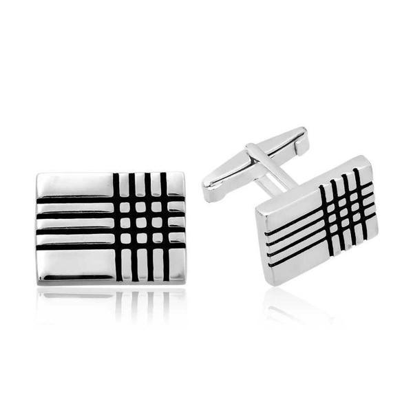 ​925 Ayar Gümüş Dikdörtgen Çizgili Klasik Kol Düğmesi - Image 1