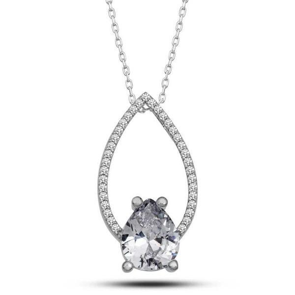 925 Ayar Gümüş Beyaz Taşlı Damla Kadın Gümüş Kolye - Image 1