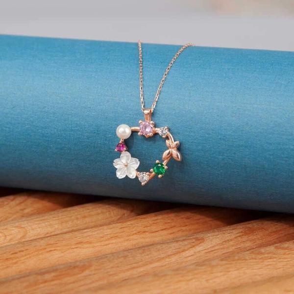 925 Ayar Gümüş Rose Kalp Manolya Çiçeği Kelebek Kadın Kolye - Image 1