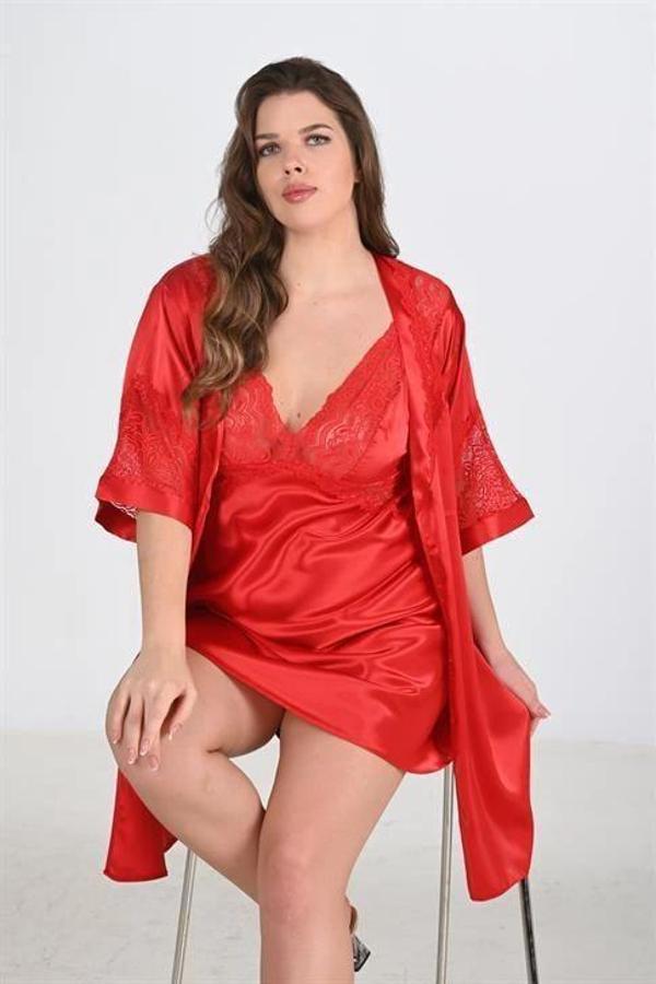 MDB MdbShop 2li Kırmızı Sabahlık Takımı Bigsize 6207 - Image 1