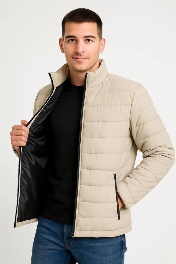 MDB Erkek Bomber ont Ceket – u İtici Kumaş, Kapitone Astarlı, Fermuarlı, Kışlık  Bej - Image 1