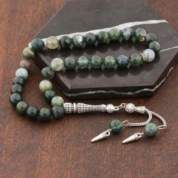 ​Doğaltaş Metal Püsküllü Hint Akik Taşlı Tesbih - Image 1