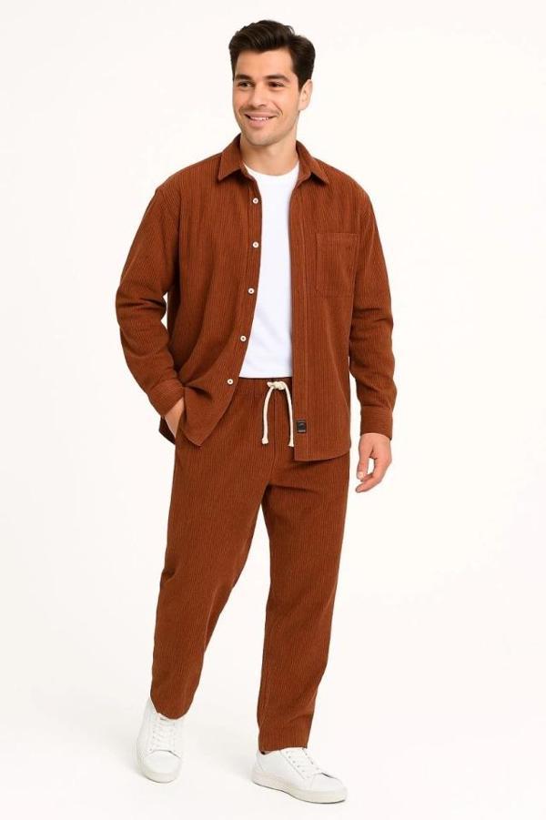 MDB Erkek Kadife Oversize Takım – Gömlek Ve Pantolon İkili et Füme Corduroy Şıklığı, Rahat Ve Zarif  - Image 1