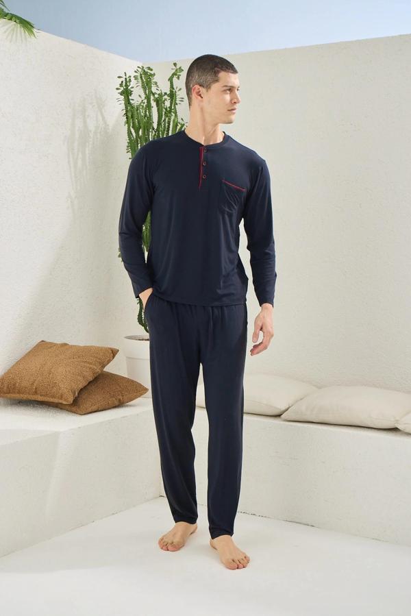MDB Kocabey 9220 Erkek Midi Yaka Uzun Kol Pijama Takım - Image 1