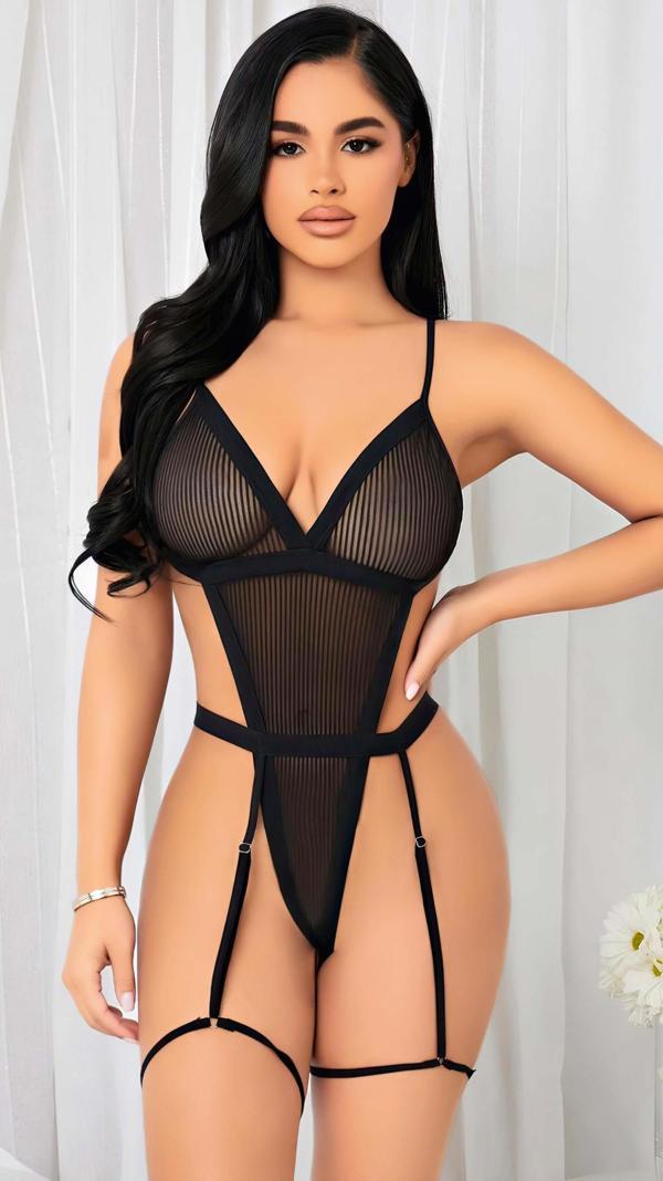 MDB MdbShop Siyah İp Detaylı Tül Fantezi Body - Image 1