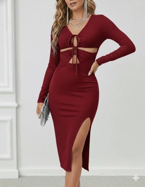 MDB Kadın Uzun Kollu Göğüs Ve Göbek Dekolte Detay Sandy Midi Boy Elbise - Image 1