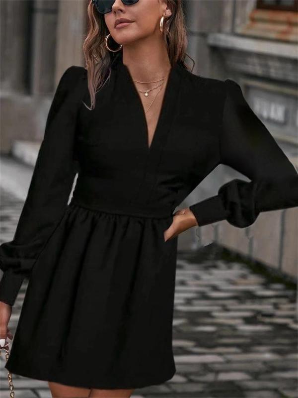 MDB Kadın Uzun Kollu V Yaka Belden Hafif Pileli Scuba Krep Mini Boy Elbise - Image 1