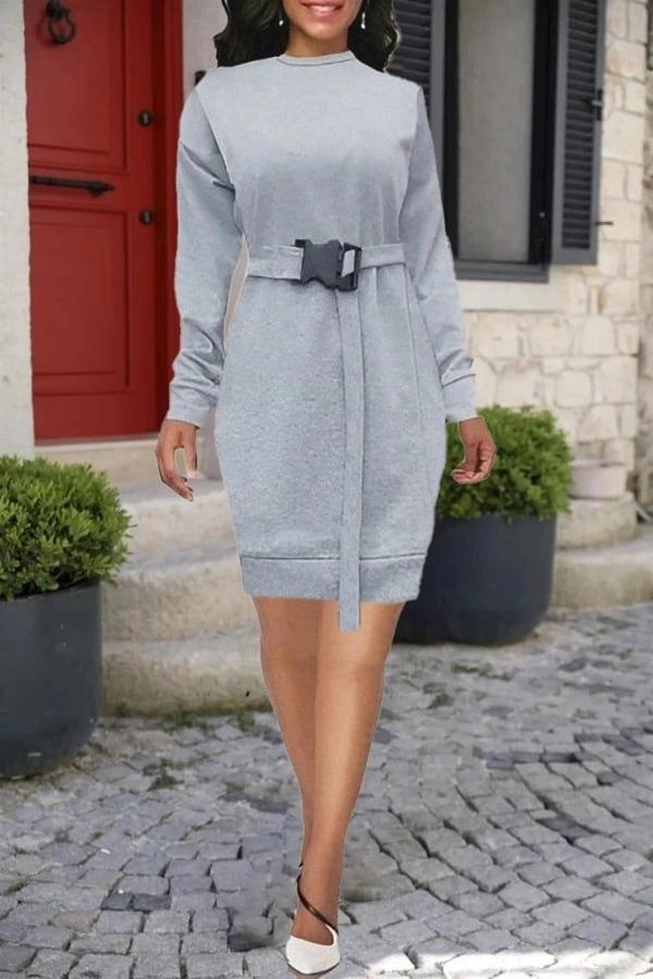 MDB Kadın Uzun Kollu Bisiklet Yaka Kuşaklı Iki Iplik Elbise - Image 1