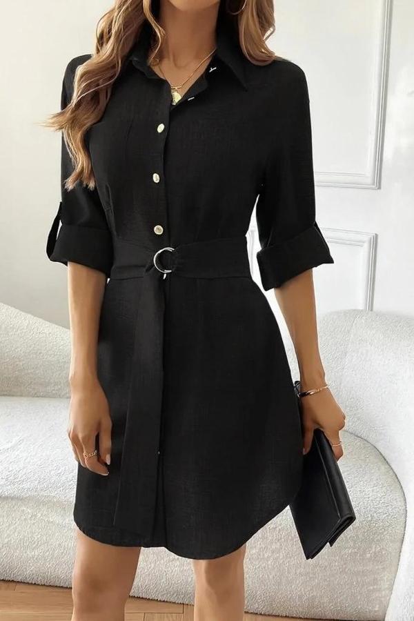 MDB Kadın Uzun Kollu Yakalı önden Düğmeli Beli Kuşaklı Mini Ithal Keten Elbise - Image 1